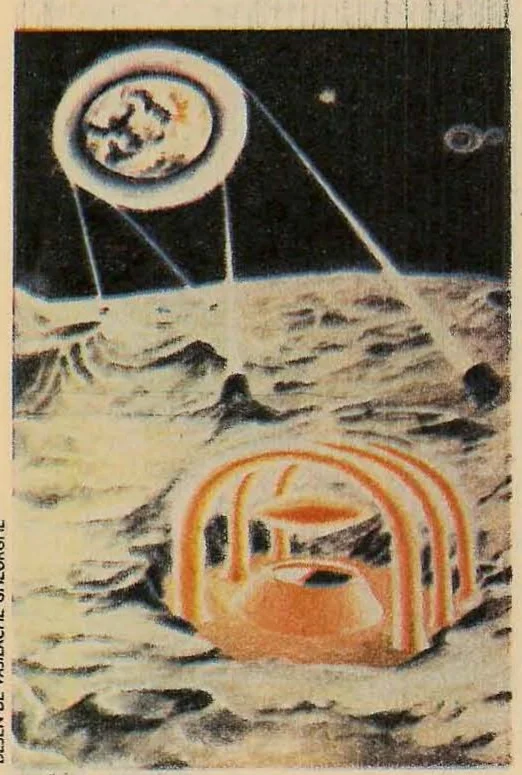 Sci-fi illustration depicting a lunar-like landscape with a glowing ring portal and a dome structure in the foreground.