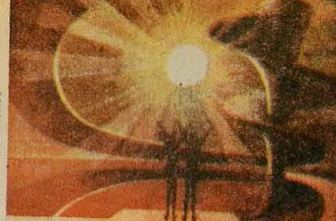 Surreal illustration depicting a textured, organic landscape with a stylized figure standing amidst abstract forms.