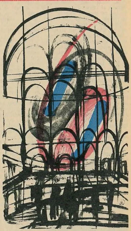 Abstract line drawing depicting a stylized ship or structure enclosed within a spherical grid or dome, with vertical lines suggesting rain or energy fields.