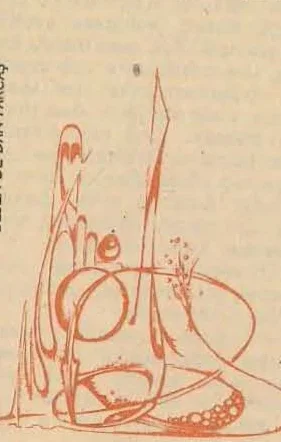 Sketchy reddish-brown line drawing of a figure seated in a complex chair or cockpit structure