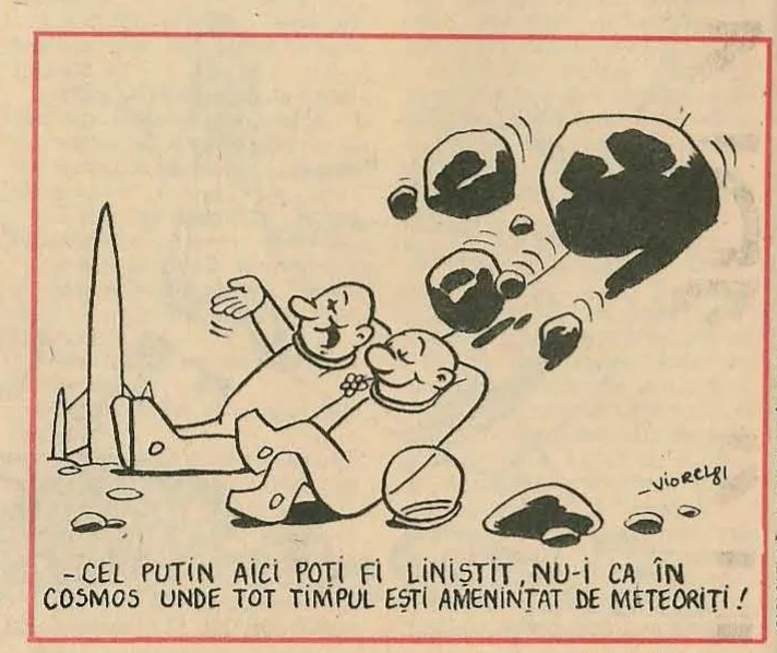 Caricature depicting two characters on a planetary surface: one appears to be a human in a suit, the other an alien or astronaut with a large helmet. They are conversing.