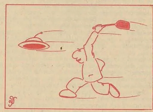 Caricature of a man sitting in a chair, looking thoughtful or perplexed, drawn in red ink style.