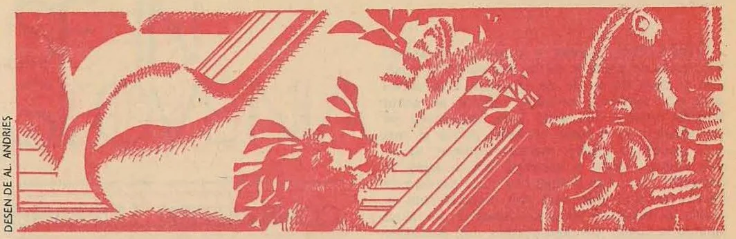 Abstract illustration in red ink depicting organic, possibly alien flora or landscapes with jagged shapes and textures.