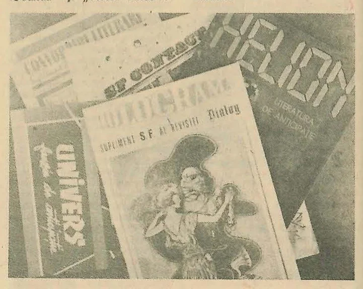 Collage of Romanian fanzine covers including 'UNIVERS', 'HELION', 'CONTACT', 'SOLARIS', and others, scattered on a surface.