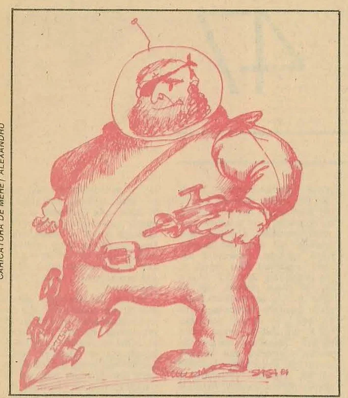 A large, reddish-ink caricature of a figure holding a giant fountain pen like a weapon or tool.