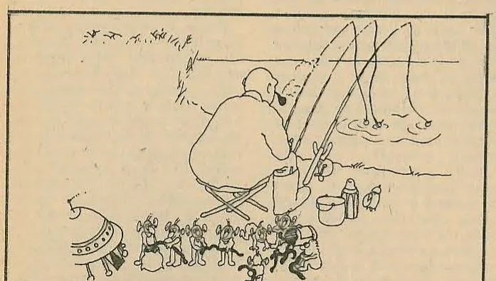 Caricature illustration depicting a person writing at a desk surrounded by fantastical creatures and objects