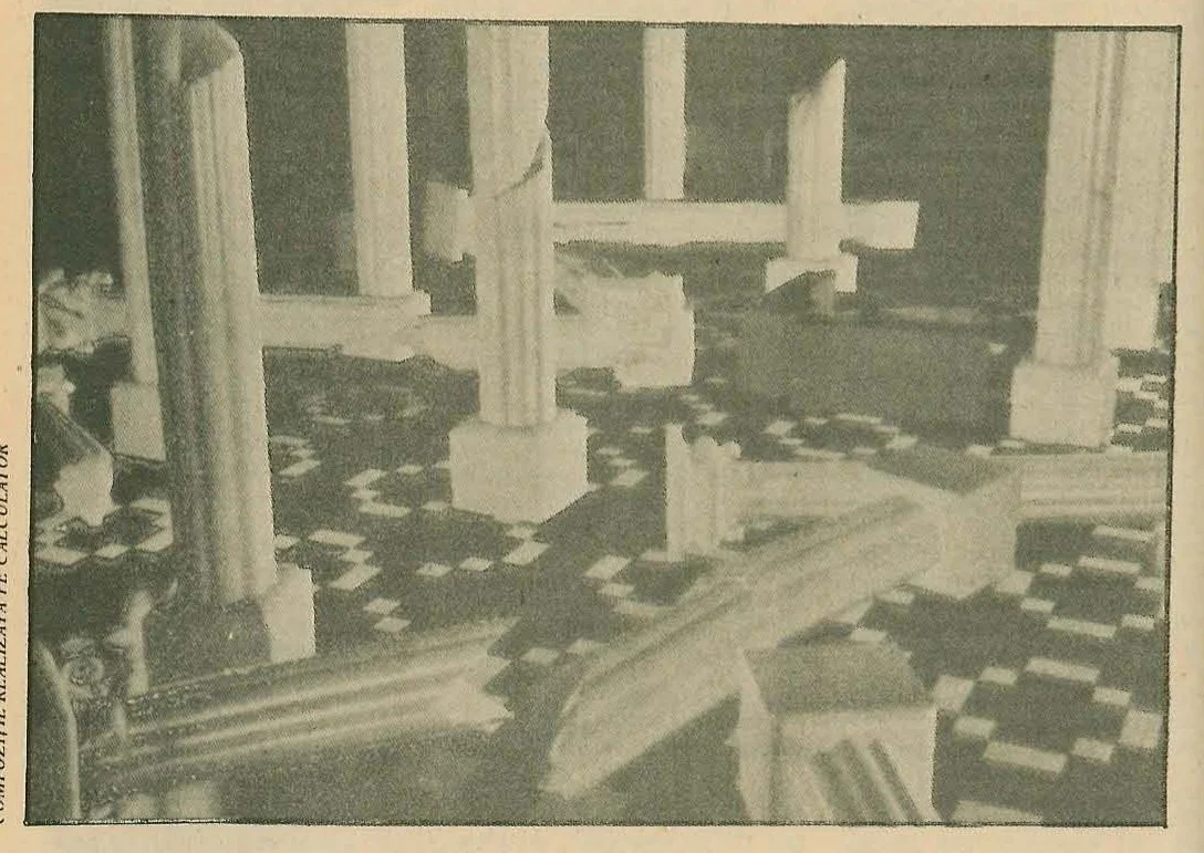 Imagine generată pe calculator reprezentând o structură arhitecturală abstractă sau un peisaj geometric cu blocuri și umbre, în tonuri de gri.