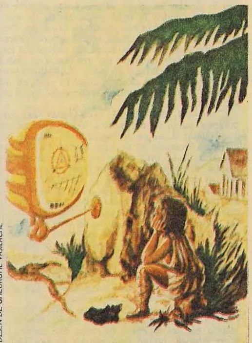 Illustration of a primitive hominid figure crouching in a jungle environment, interacting with a glowing technological object on the ground.