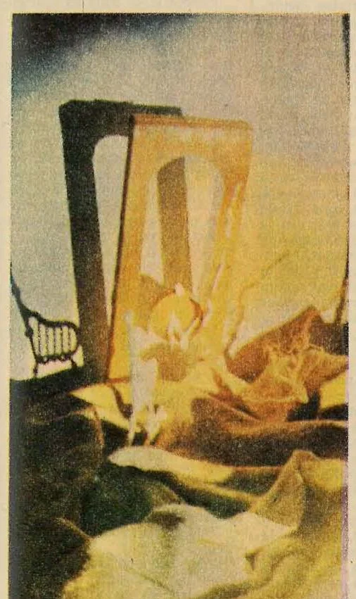 Vertical illustration depicting a figure standing in a desolate landscape, looking towards a light source or structure, rendered in sepia tones.