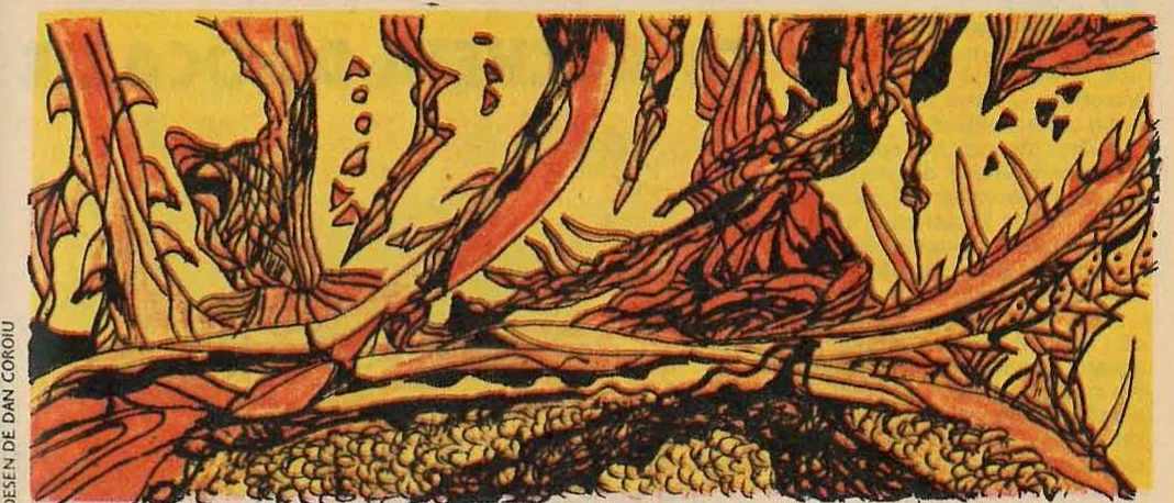 Abstract illustration depicting organic, root-like structures or alien terrain in reddish-orange and brown tones