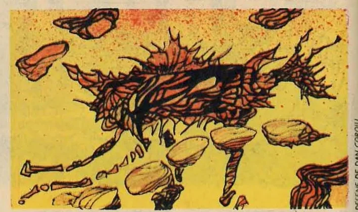 Illustration of a hand holding a small spaceship or object over a textured landscape