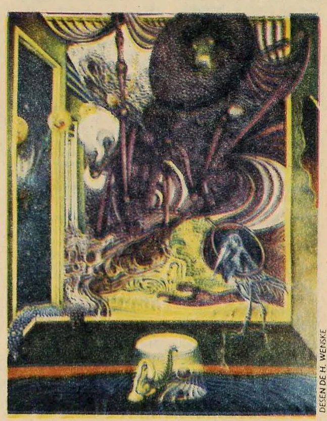 Surreal illustration depicting a dark, organic scene with a figure standing in a glowing yellow doorway or portal, with abstract textures and shapes surrounding it.