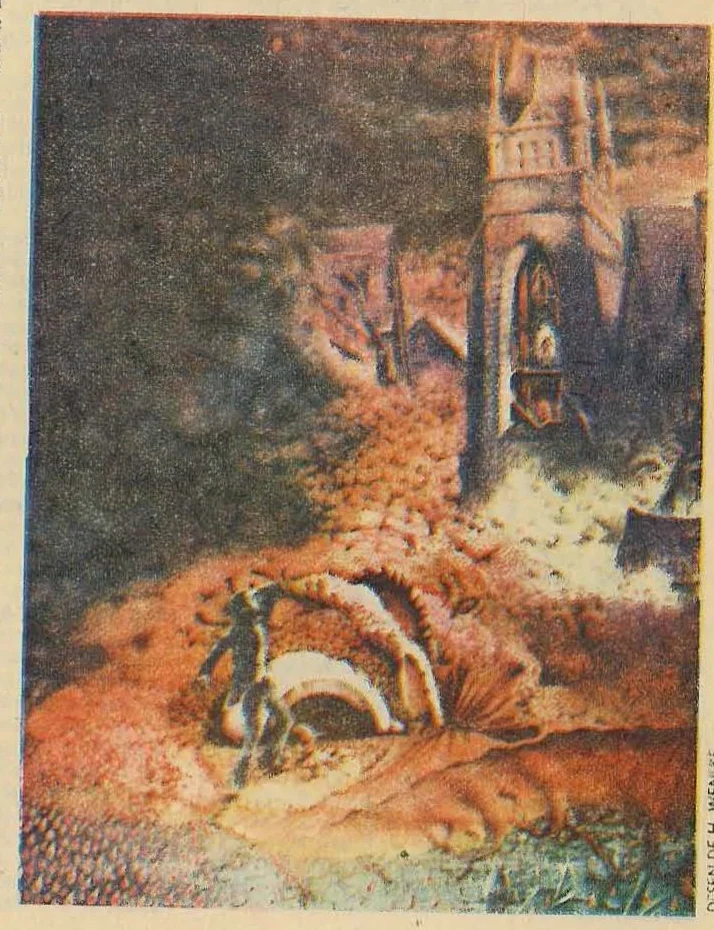 Surreal illustration depicting a textured, cave-like landscape with a figure or structure in the opening, rendered in warm brownish tones.