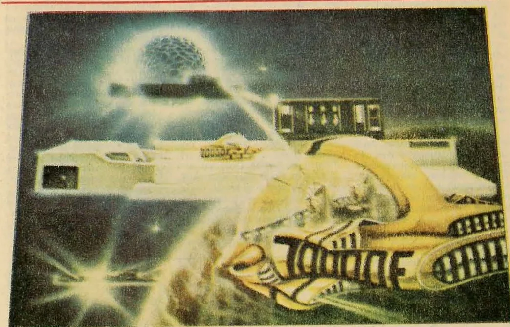 Sci-fi illustration depicting a futuristic yellow spacecraft or vehicle flying near a structure with a glowing orb in the background.