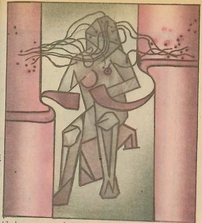 Abstract geometric illustration depicting a humanoid figure connected to wires or tubes, possibly a 'videoplasma' or cyborg, in a cubist style.