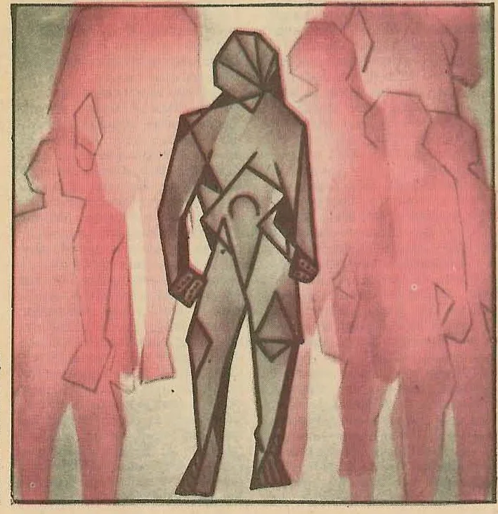 Abstract illustration of a stylized figure in a robe with geometric patterns, rendered in reddish-brown tones