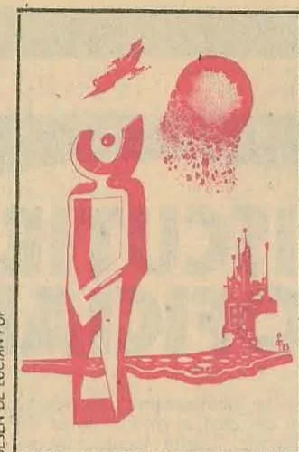 Abstract illustration in red and pink tones depicting a stylized figure or symbol inside a rectangular frame.