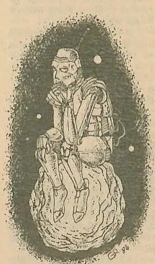 Illustration of a seated figure in a spacesuit helmet looking contemplative, with stars and planets in the background, signed GR 84