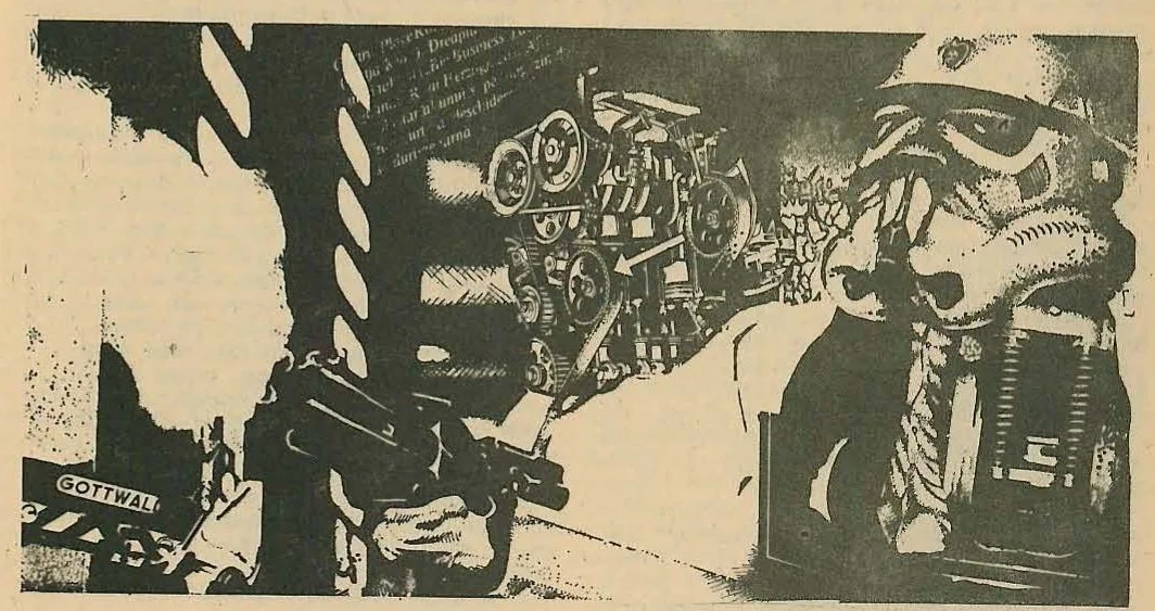 Black and white sci-fi illustration showing a helmeted figure resembling a stormtrooper on the right, complex machinery in the center, and a dark silhouette on the left. The text 'GOTTWALD' is visible on a panel.