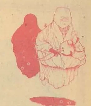 Illustration of two figures in a rocky landscape; one figure is filled in red, the other is a line drawing.