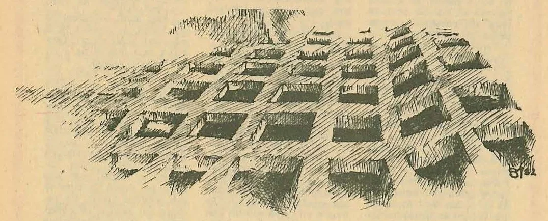 Futuristic illustration depicting a geometric landscape or alien city with angular structures viewed from above, rendered in a sketch style.
