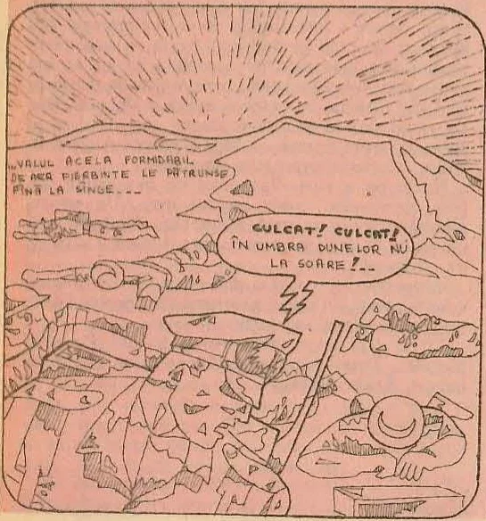 Comic panel showing soldiers diving for cover in the sand dunes under a blazing sun.