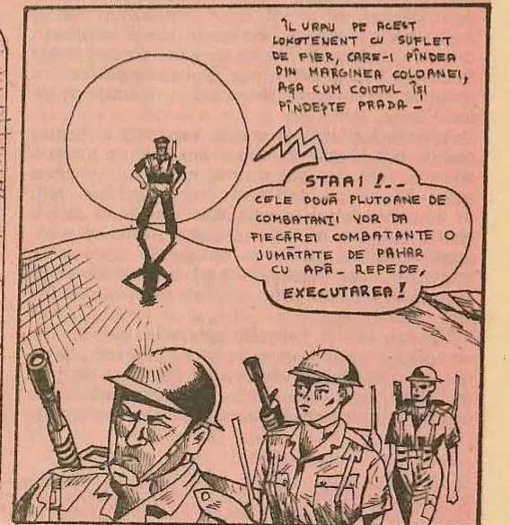 Comic panel showing the lieutenant standing over a soldier, with a close-up of a soldier's face in the foreground.