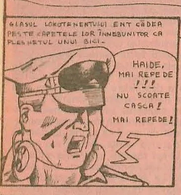 Comic panel showing a close-up profile of a shouting officer wearing a cap, with soldiers marching in the background.
