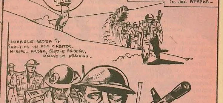 Comic panel showing a column of soldiers marching away into the distance in a barren landscape.