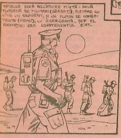 Comic panel showing soldiers marching in formation, carrying equipment.