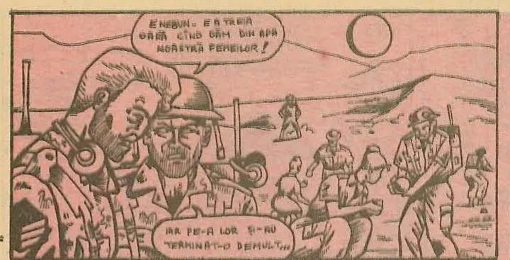 Comic panel: Soldiers in a desert landscape; two soldiers in the foreground discuss the situation while others rest in the background.