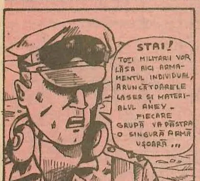 Comic panel: A soldier shouting orders to stop and discard heavy equipment.