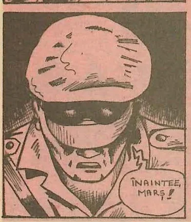 Comic panel: Extreme close-up of a soldier's face, sweating heavily under a cap.