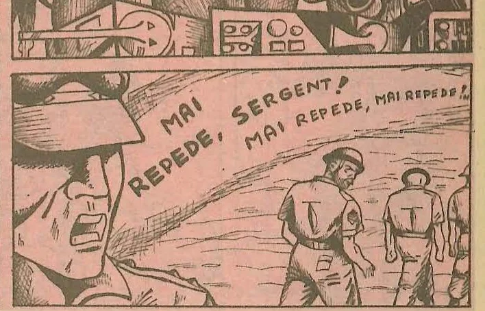 Comic panel: Soldiers marching away from the viewer; text floats across the scene.