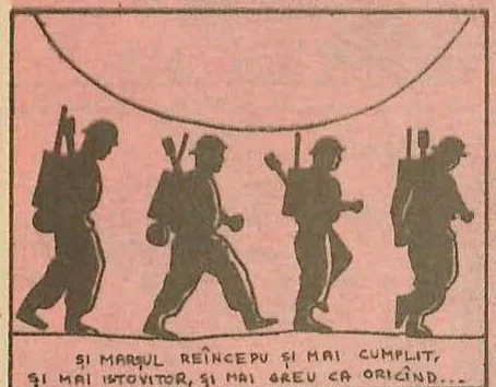 Comic panel: Silhouettes of soldiers marching in a line against a barren background.