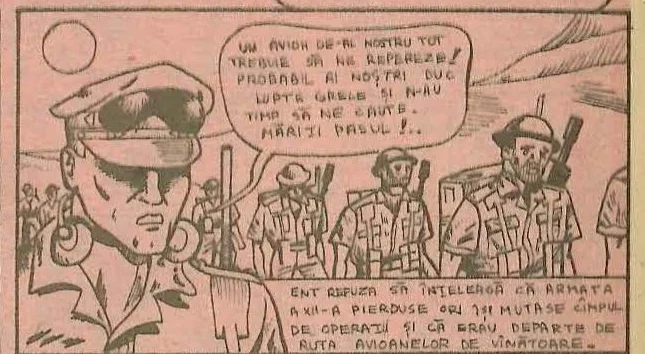 Comic panel: A soldier looks back over his shoulder, concerned; another soldier is visible in the background.