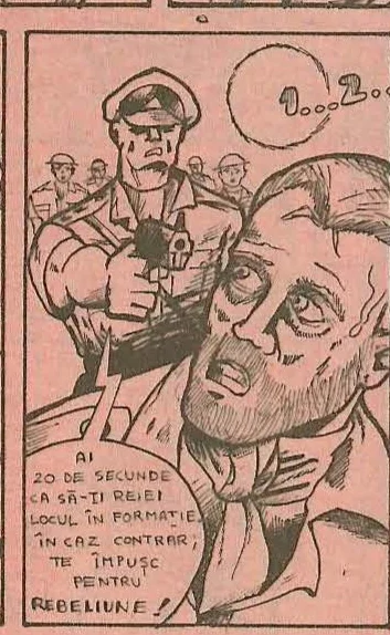 Panel 5: Ofițerul țintind cu pistolul spre soldatul rebel.
