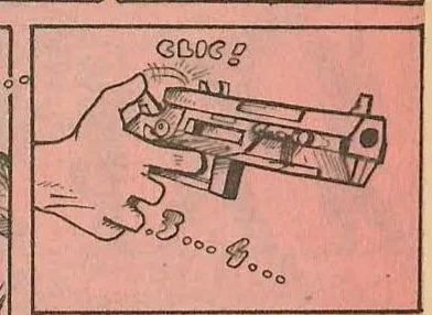Panel 6: Detaliu cu o mână ținând un pistol, vedere laterală.