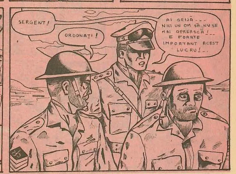 Panel 9: Grup de soldați și ofițeri în marș prin deșert.