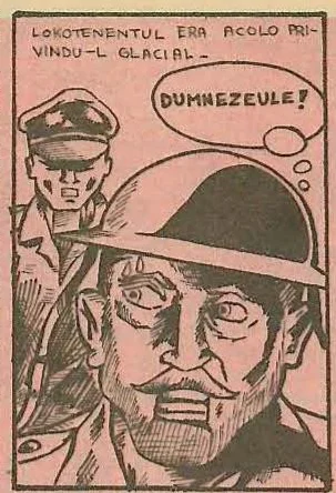 Panel 2: Prim-plan cu fața locotenentului purtând cască colonială, privind sever.