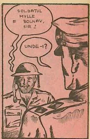 Panel 3: Doi ofițeri discutând, unul fumând o țigară.