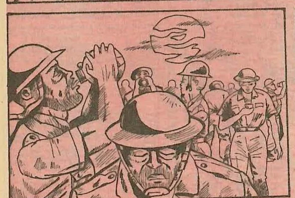 Comic panel 5: Soldiers drinking water from canteens.