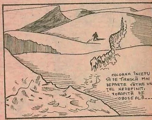 Comic panel 6: A column of soldiers walking away into the desert landscape.