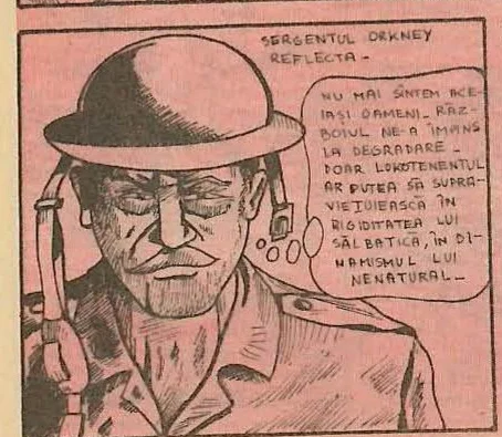 Comic panel 7: Close-up of Sergeant Orkney, an older soldier with a mustache, looking down.