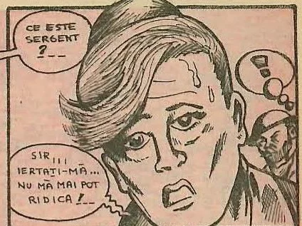 Comic panel 2: Close-up of a sweating soldier's face looking distressed.