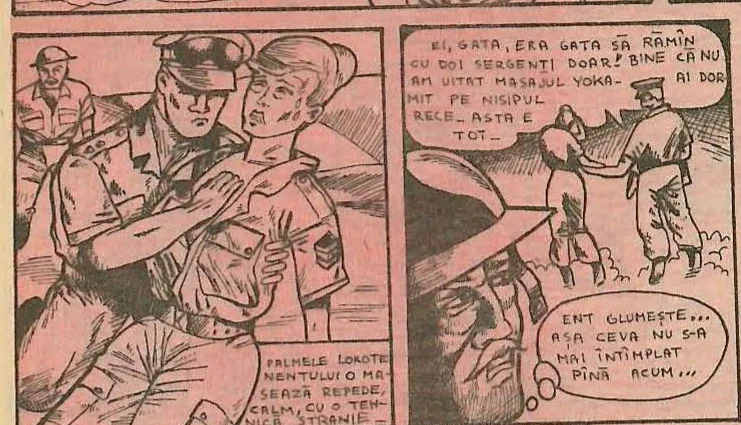Comic panel 3: A soldier receiving a massage from another, while others stand nearby in the desert.