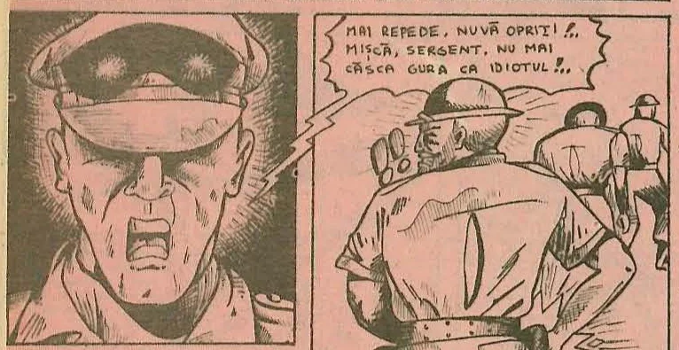 Comic panel: Large panel showing a soldier shouting at troops in the background.