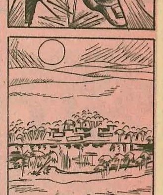 Comic panel: Vertical panel showing soldiers walking in a line through a landscape.