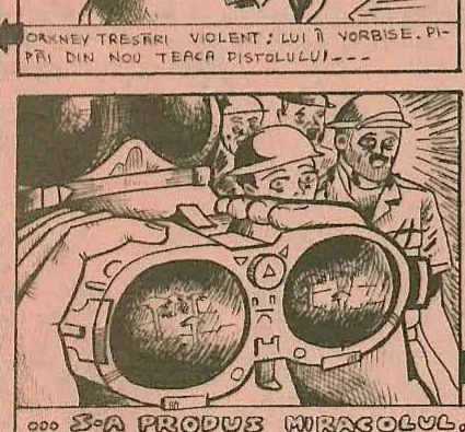 Comic panel: View through binoculars showing soldiers.