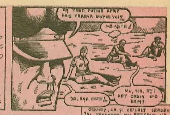 Comic panel: Close-up of a soldier's face in the foreground; other soldiers sitting in the background.